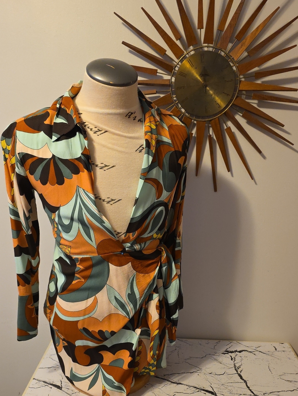 Women's MNG Retro Wrap Top in Rust & Aqua
